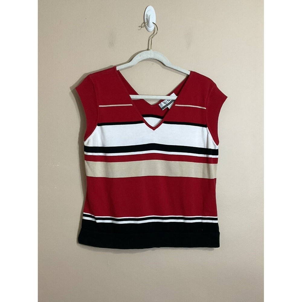 VTG Womens V-Neck Sweater Size Large Red 90s Preppy Coastal Striped Retro